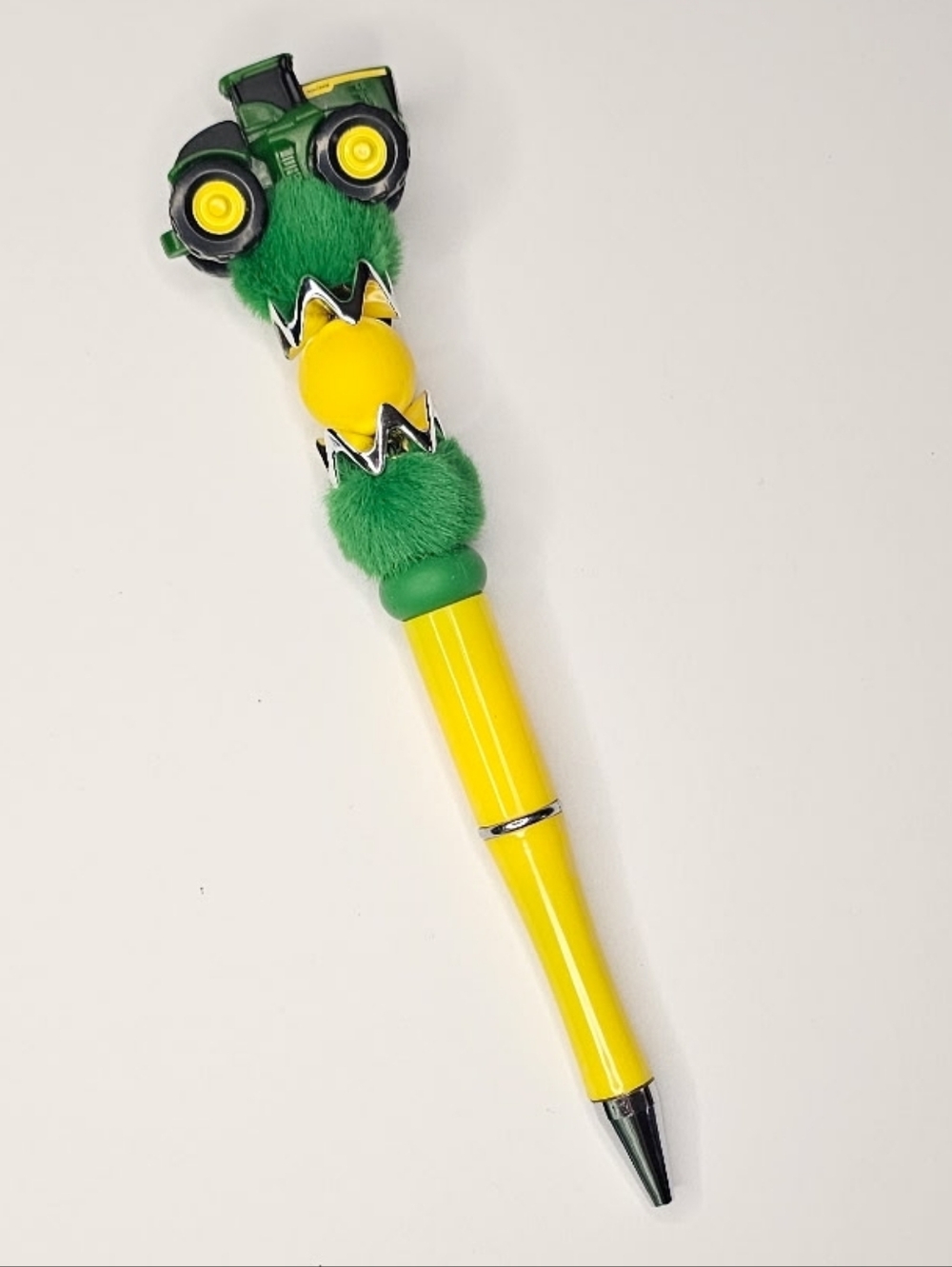 Whimsical Green John Deere Tractor Pom-Pom Yellow Pen